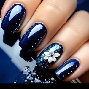 24 Pcs  Navy Blue Nail Art with Floral Accent BUY ONE GET ONE FREE